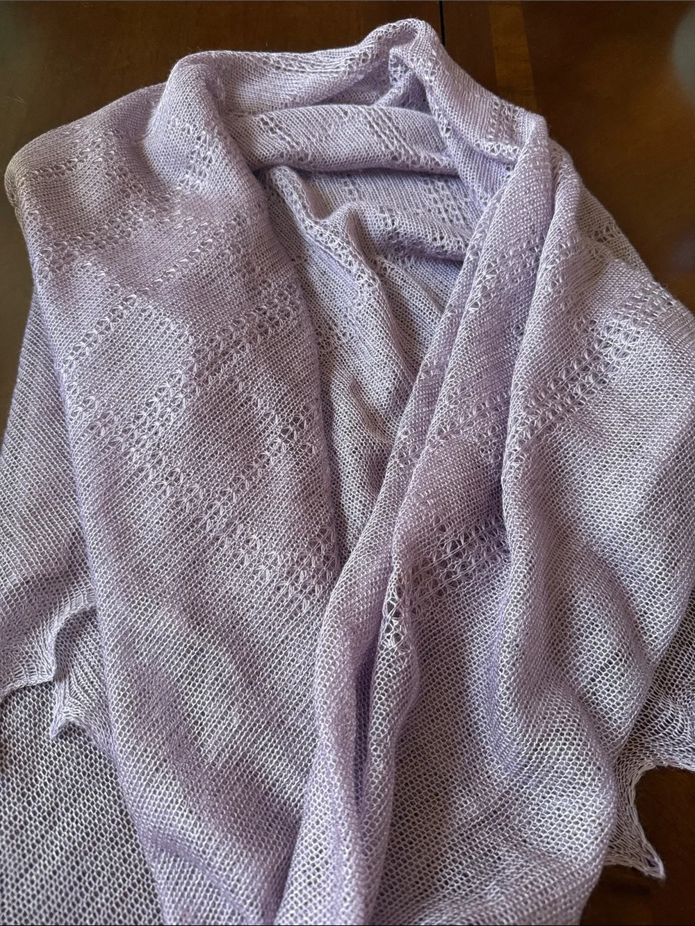 Vintage ca 1970’s Light Lavender mesh Knit Shawl Scarf 48x46” made in Japan